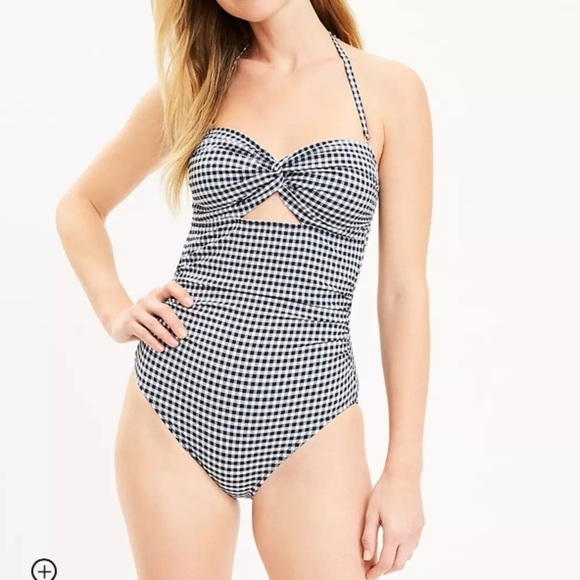 NWT Ann Taylor Loft SMALL One Piece Swimsuit Navy Gingham Twist Cutout Bandeau - Picture 2 of 9